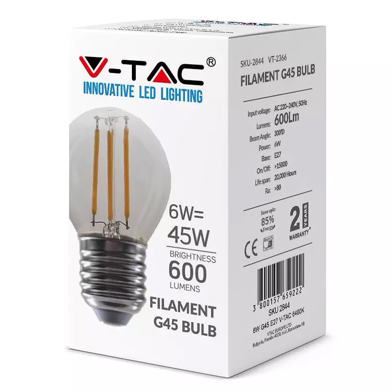 Bec e27 g45 cu filament led 6w 4000k